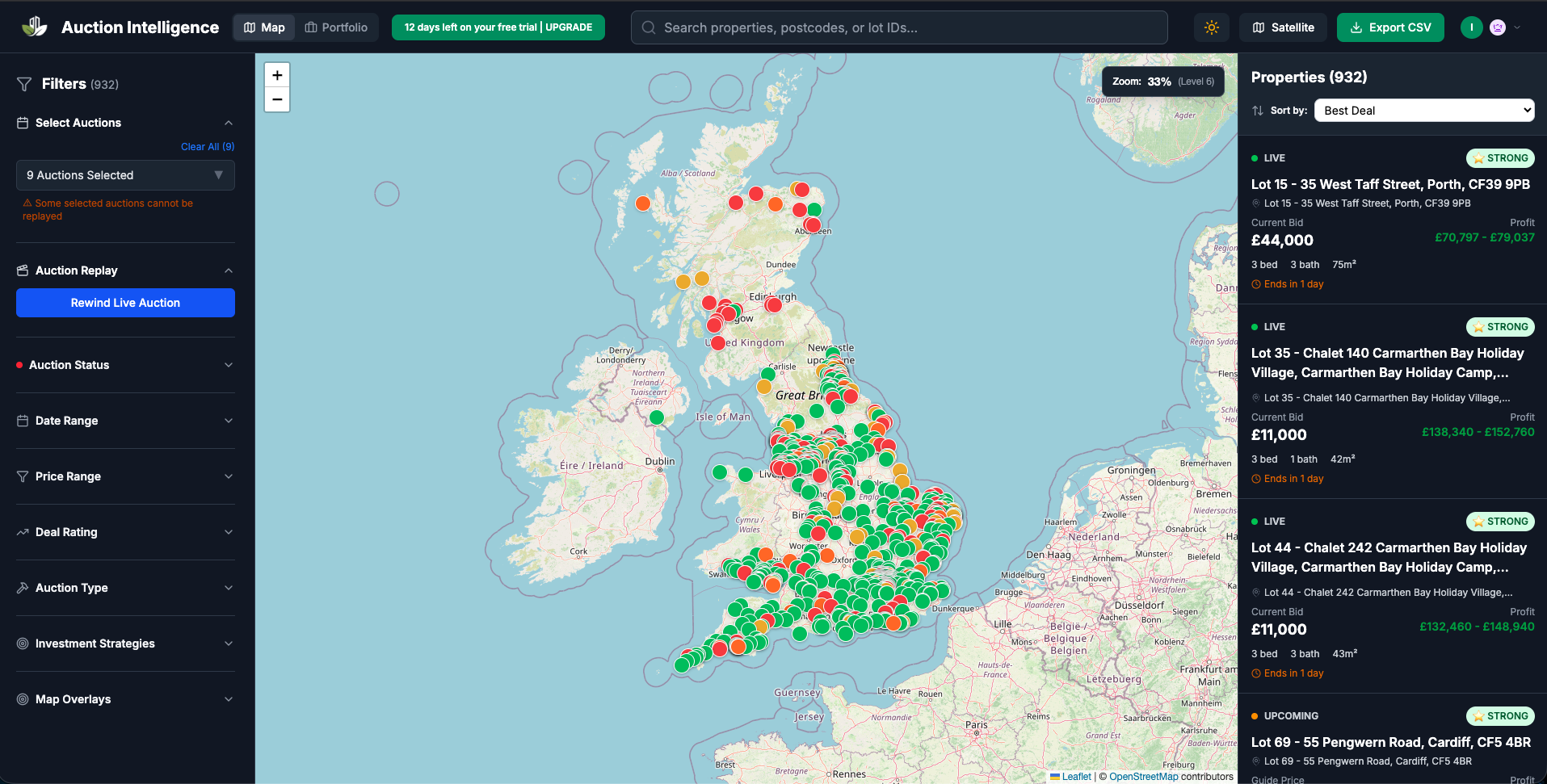 Estately auction intelligence map showing colour-coded deal ratings across the UK